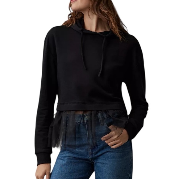 Anthropologie Pilcro Tulle Hem Hoodie Black Hooded Sweatshirt Whimsigoth Size M - Picture 1 of 16